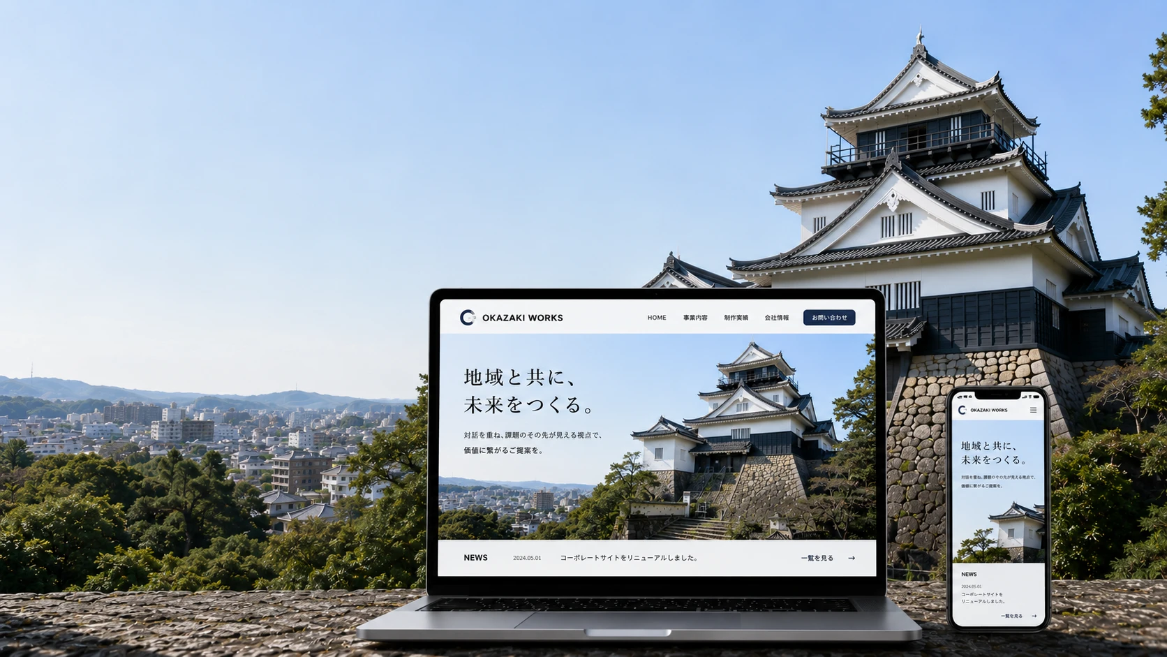 岡崎城を背景にした岡崎市のホームページ制作イメージ